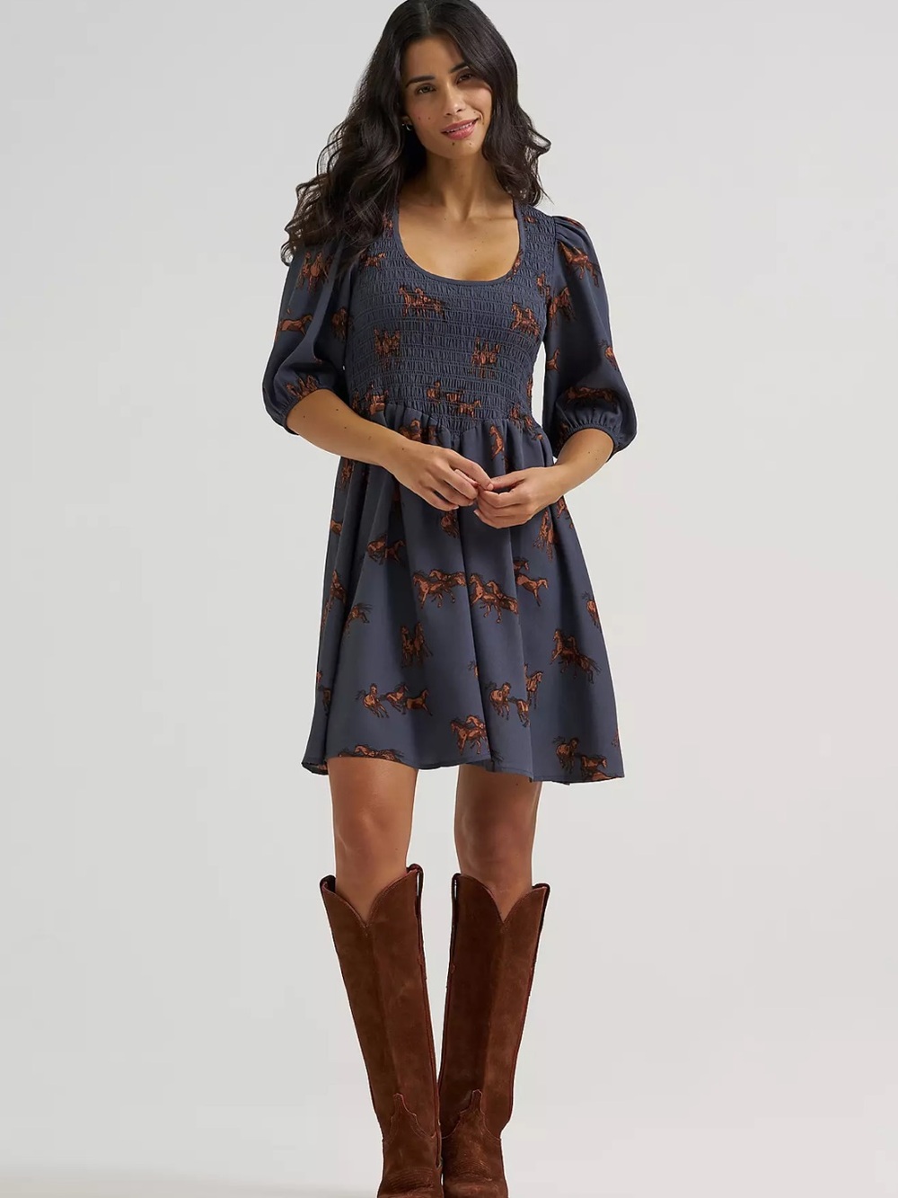 NWT WRANGLER RETRO WOMEN'S SMOCKED PUFF-SLEEVE BABYDOLL DRESS